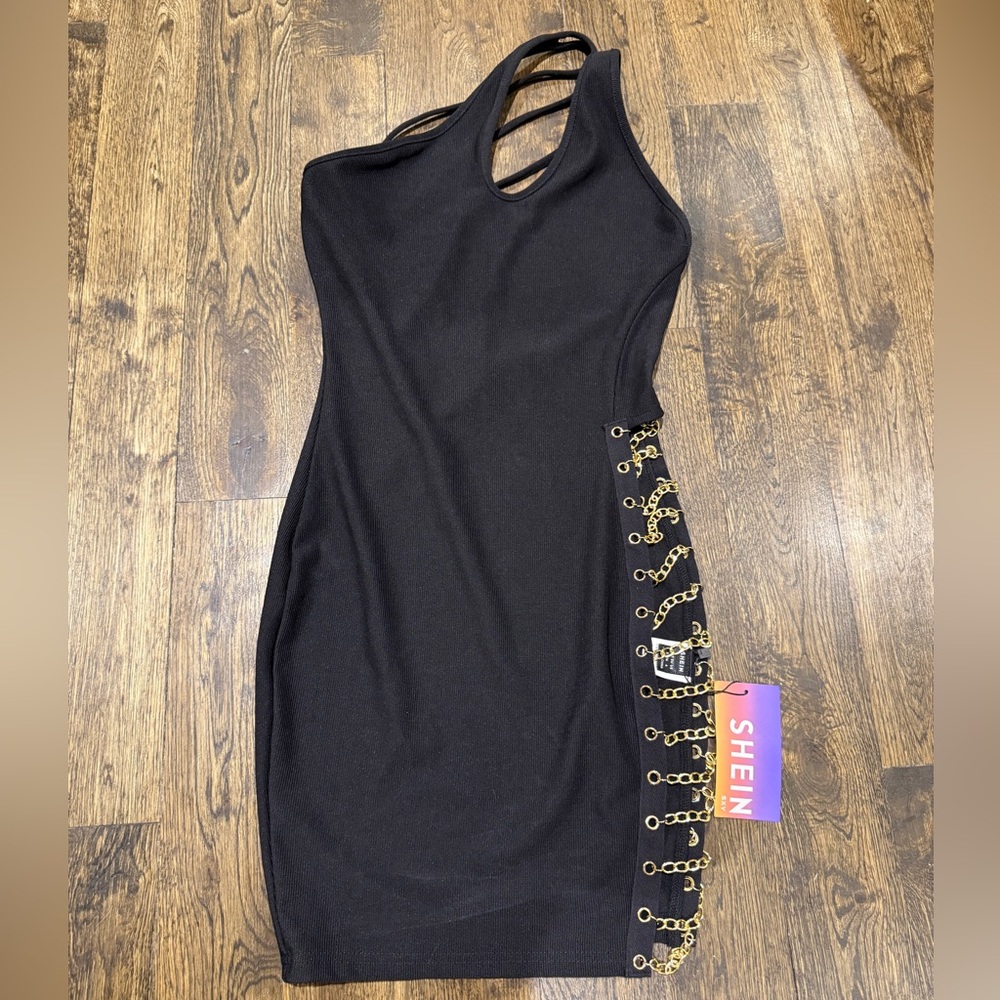 SHEIN Black Dress with Gold Chain Accents